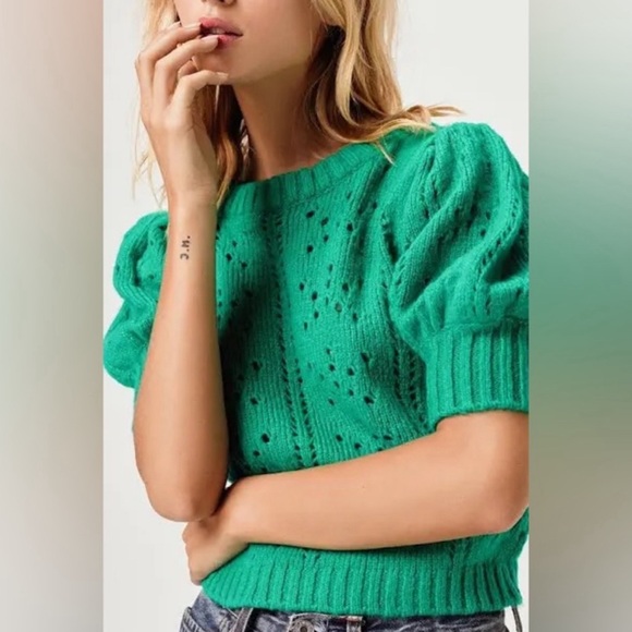 For Love And Lemons Sweaters - For Love And Lemons Emerald Green Scoop Neck Pointelle Puff Sleeve Sweater
